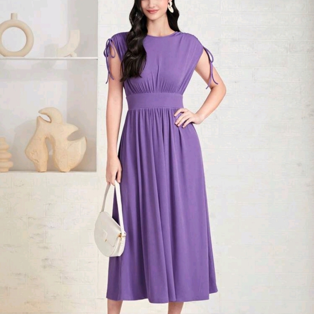Mulvari solid drawstring shoulder a-line dress, violet purple